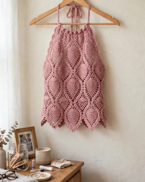 Altrosa Ananas-Spitzen Halter-Top häkeln – Anleitung