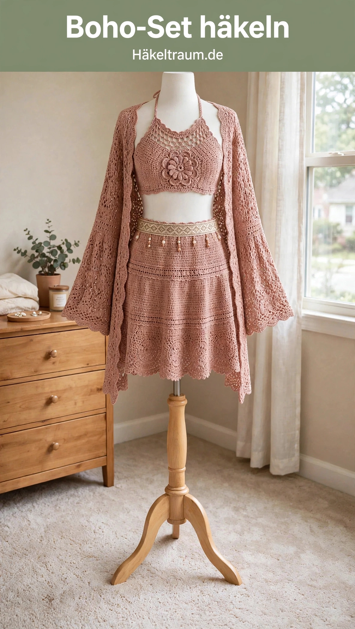 Altrosa Boho-Dreiteiler aus Haltertop, Rock und Kimono