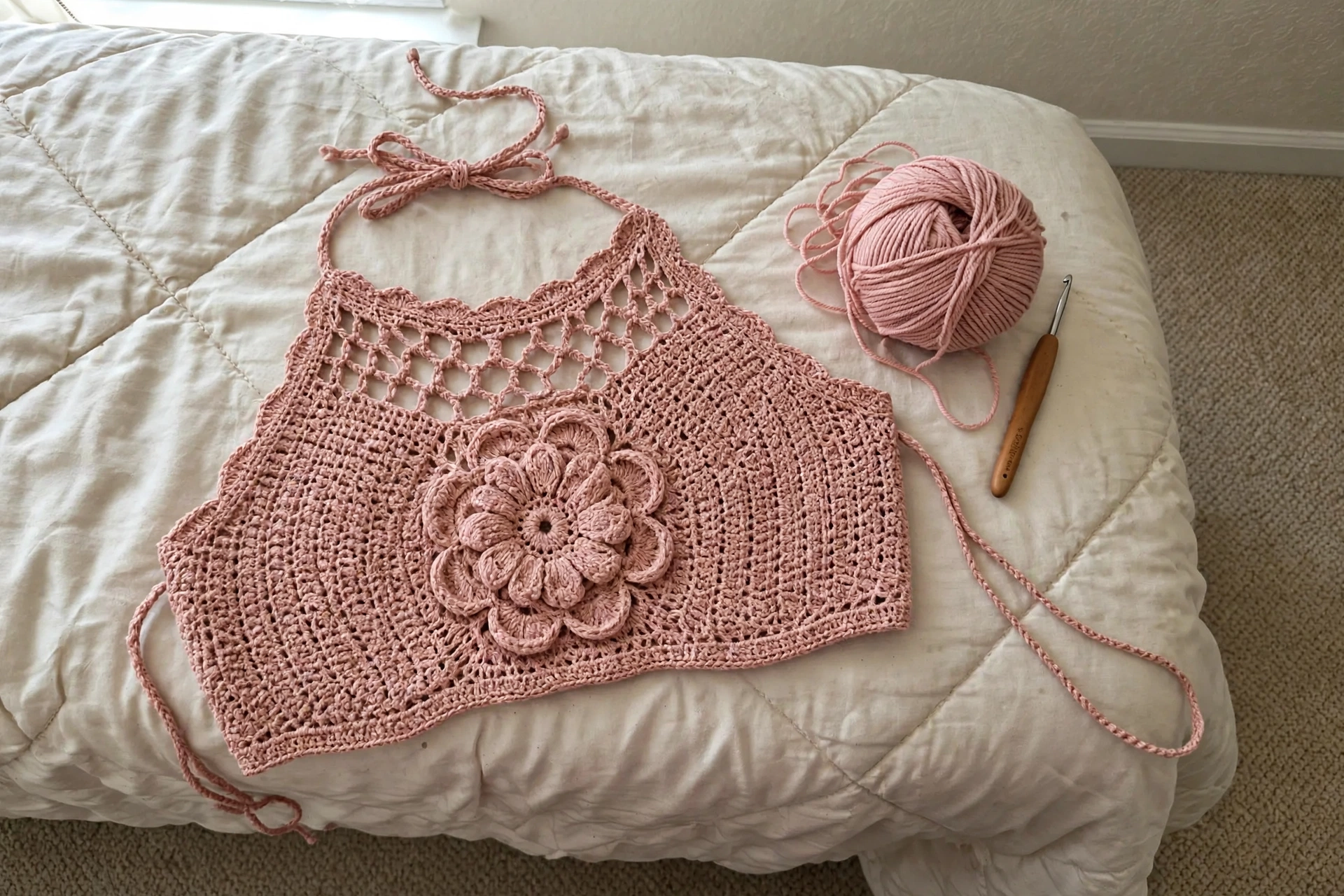 Detailansicht der Teile des altrosa Boho-Sets