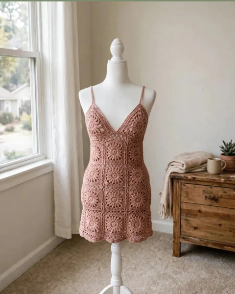 Altrosa Granny-Square-Minikleid häkeln – kostenlose Anleitung