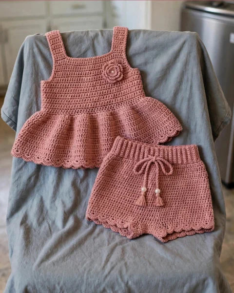 Altrosa Peplum-Babyoutfit häkeln – kostenlose Anleitung
