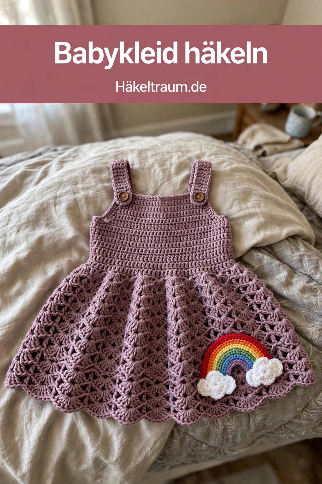 Altrosafarbenes gehäkeltes Babykleid mit Muschelrock und Regenbogen-Applikation