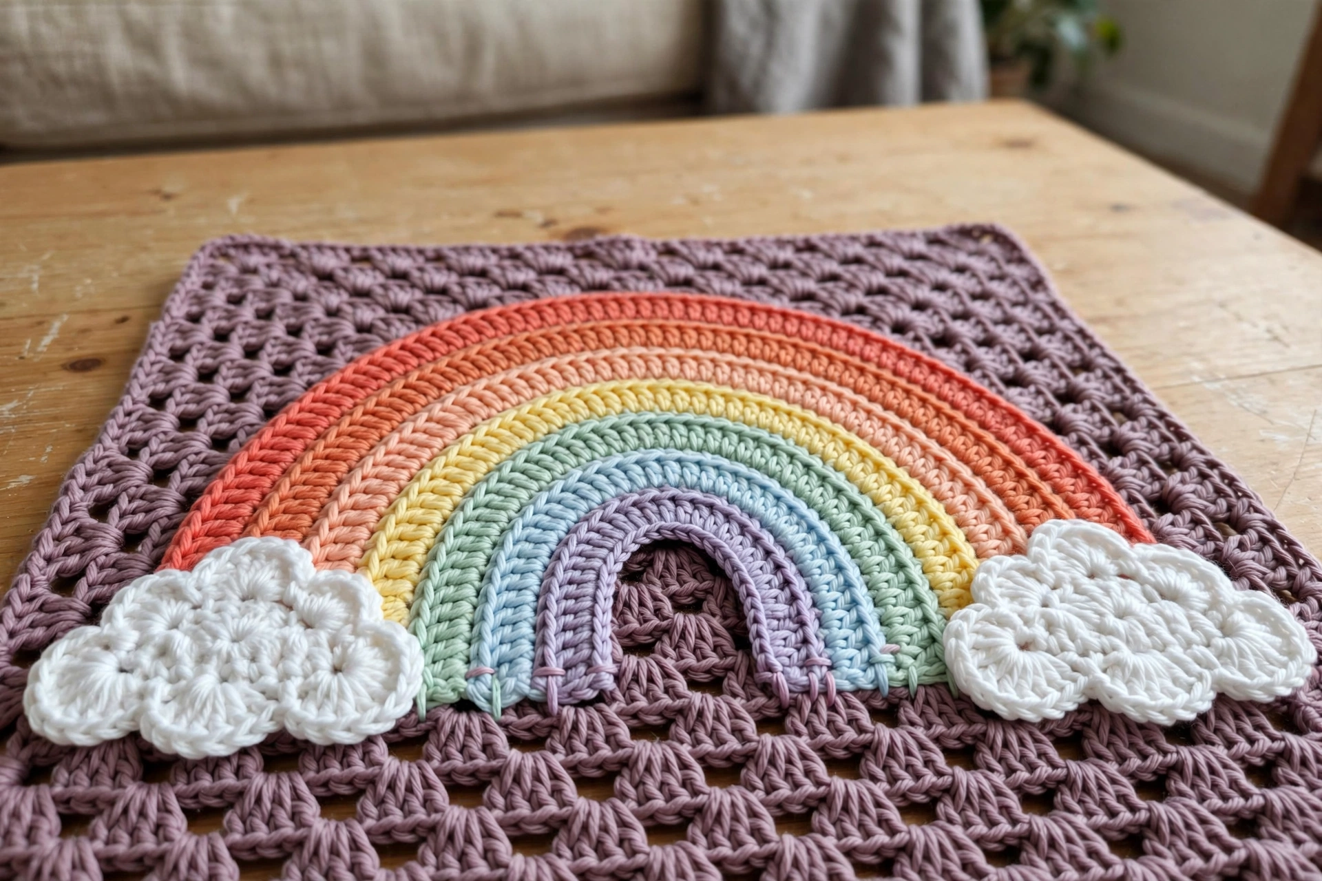 Altrosafarbenes Babykleid mit Regenbogen-Applikation, getragen