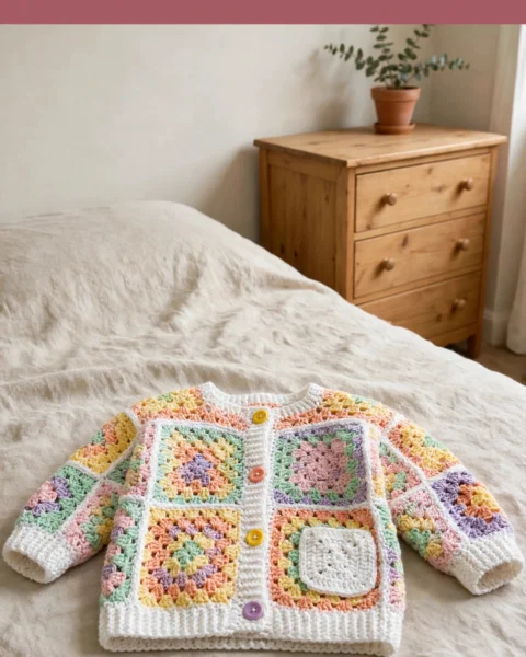 Baby-Cardigan häkeln aus Regenbogen-Granny-Squares
