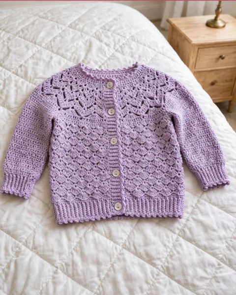 Baby-Cardigan häkeln in Lavendel – mit Spitzenfächer