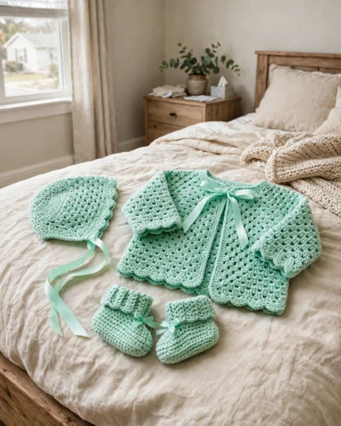 Mintgrünes Baby-Set häkeln – Jäckchen, Häubchen & Schühchen