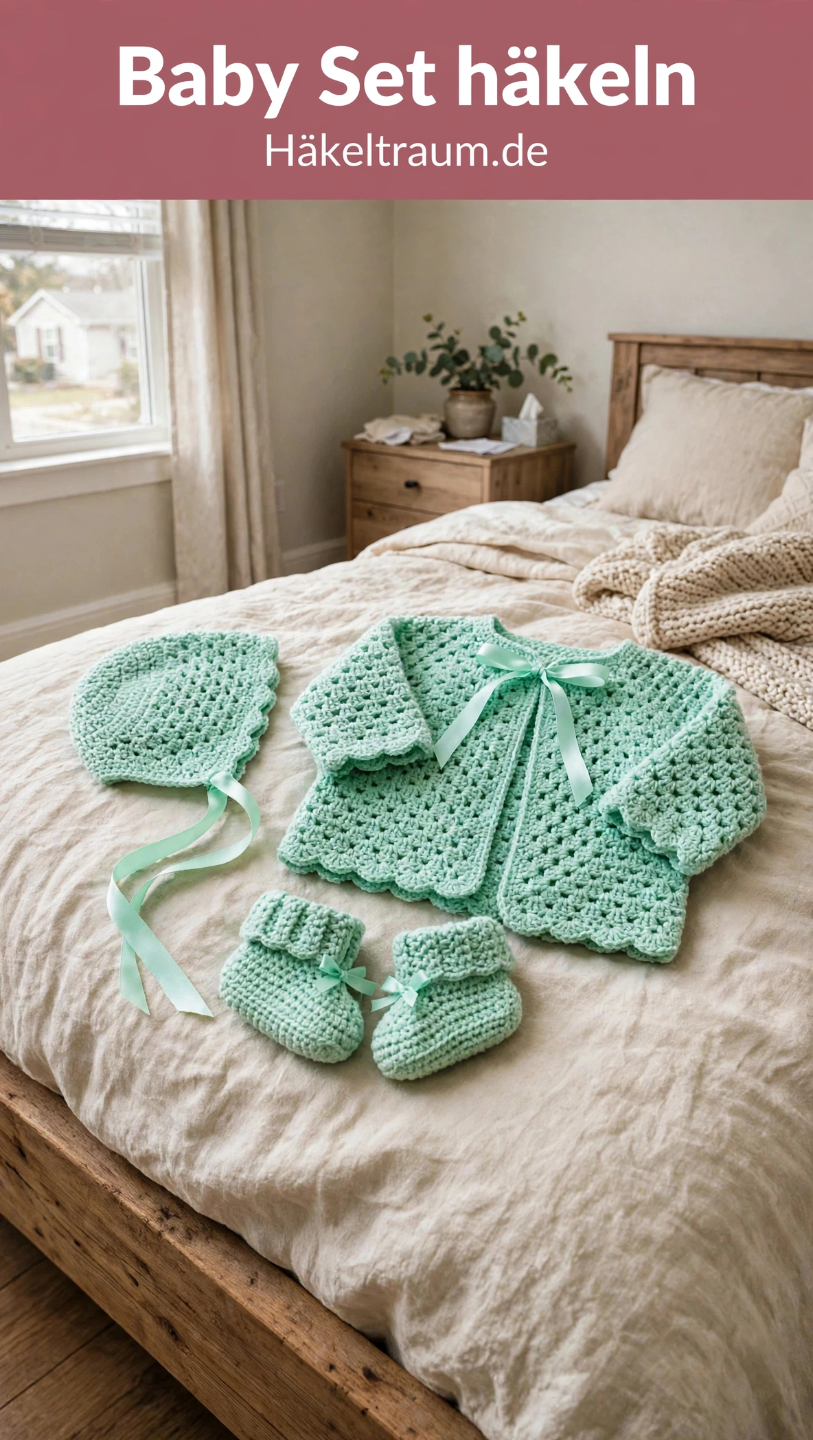 Mintgrünes Baby-Set: Jäckchen, Häubchen und Schühchen