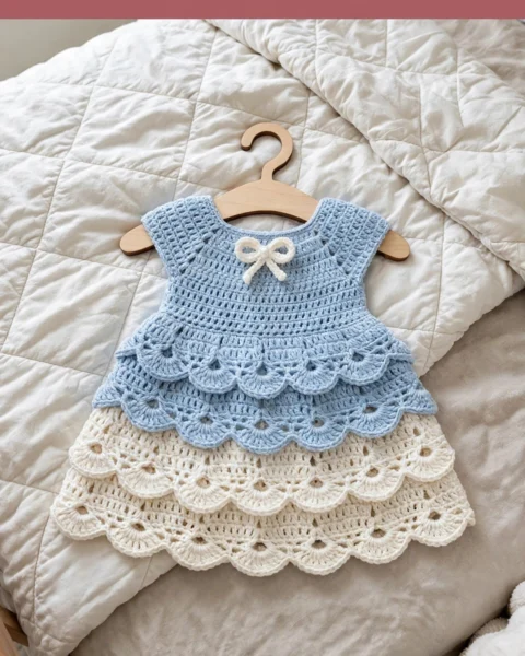 Babykleid häkeln in Puderblau – mit Stufenrock
