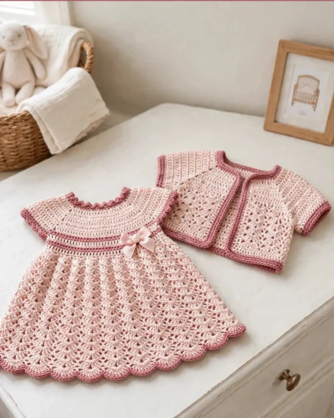 Babykleid häkeln in Zartrosa – Spitzenkleid mit Bolero