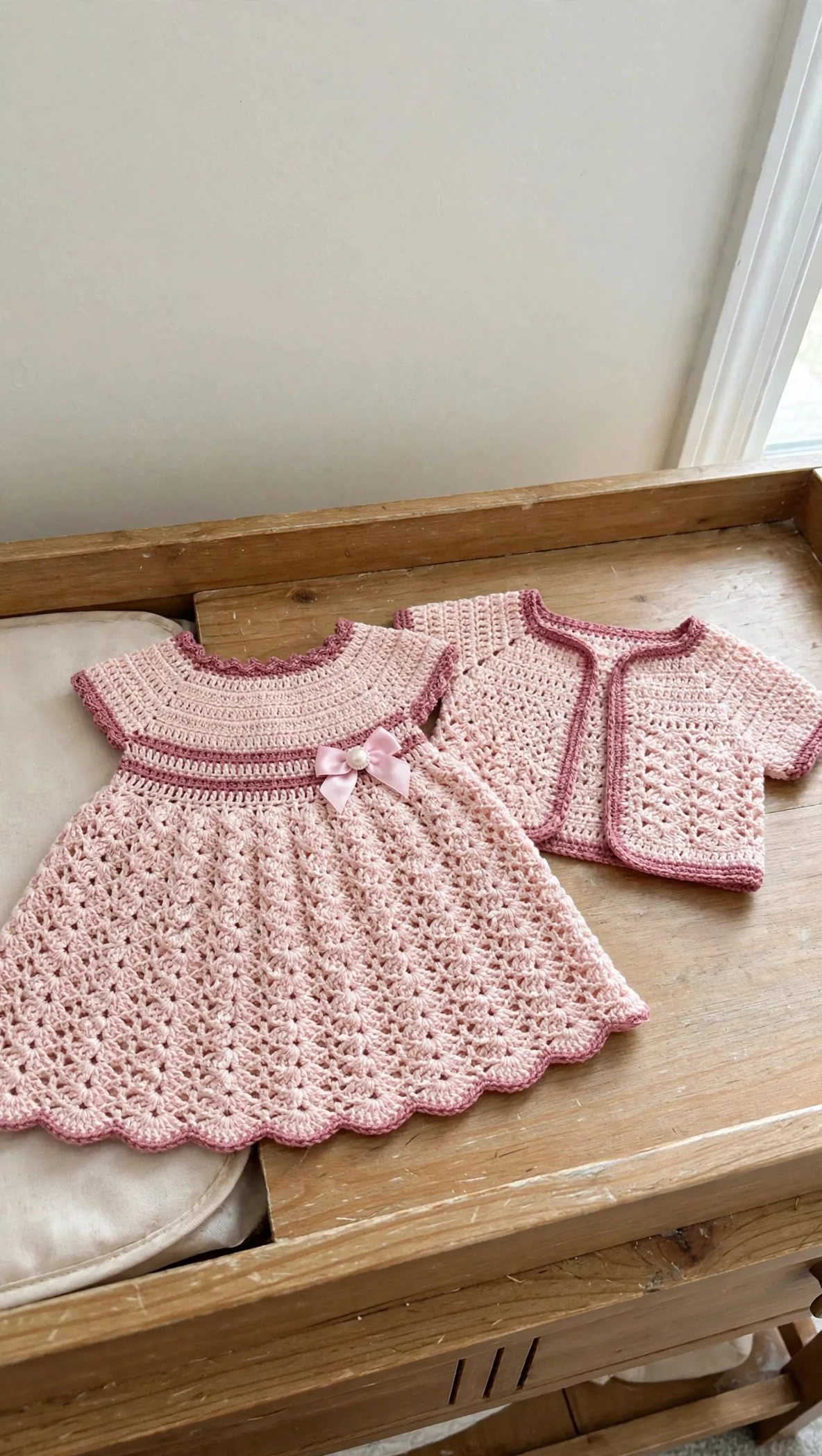 Zartrosa Babykleid und Bolero Detail