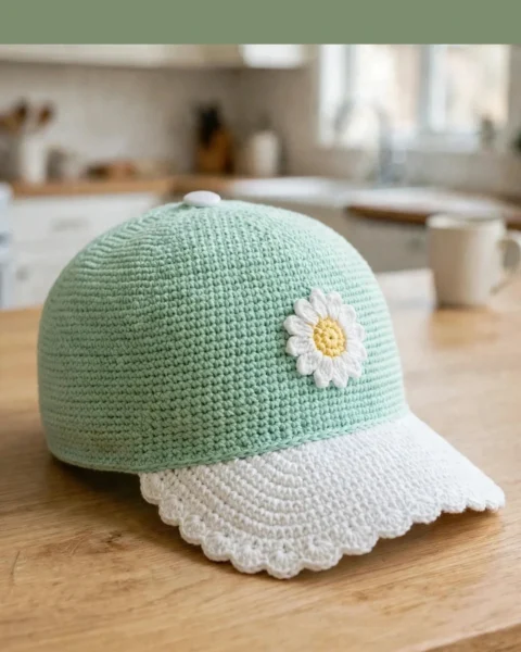 Baseball-Cap mit Gänseblümchen häkeln: Mintgrün