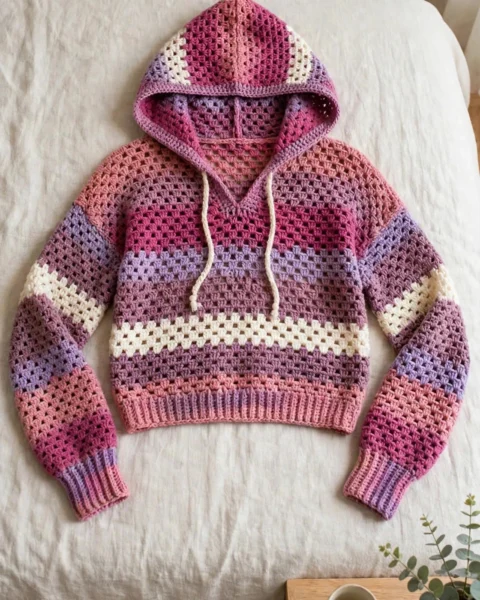 Beeren-Sorbet Netz-Hoodie kurz – Kostenlose Häkelanleitung