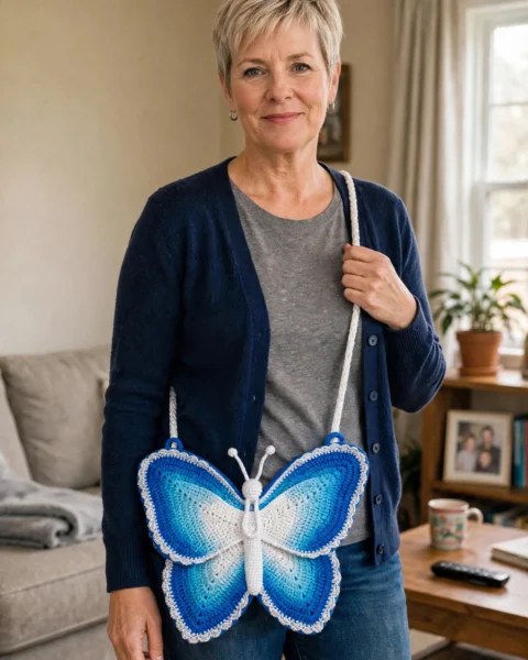 Blaue Monarch Schmetterling Tasche häkeln – kostenlose Anleitung