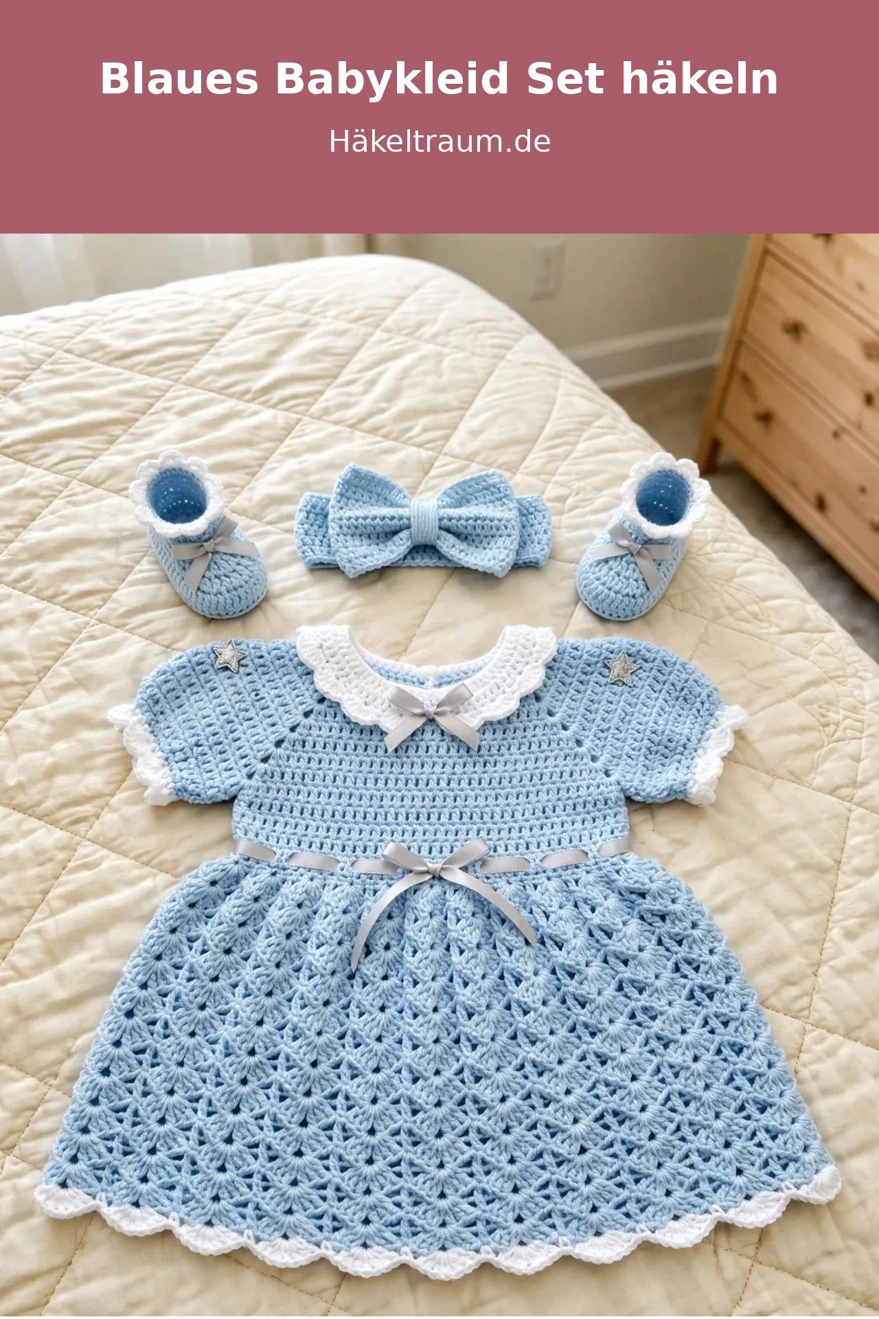 Gehäkeltes blaues Babykleid Set mit Schühchen und Stirnband