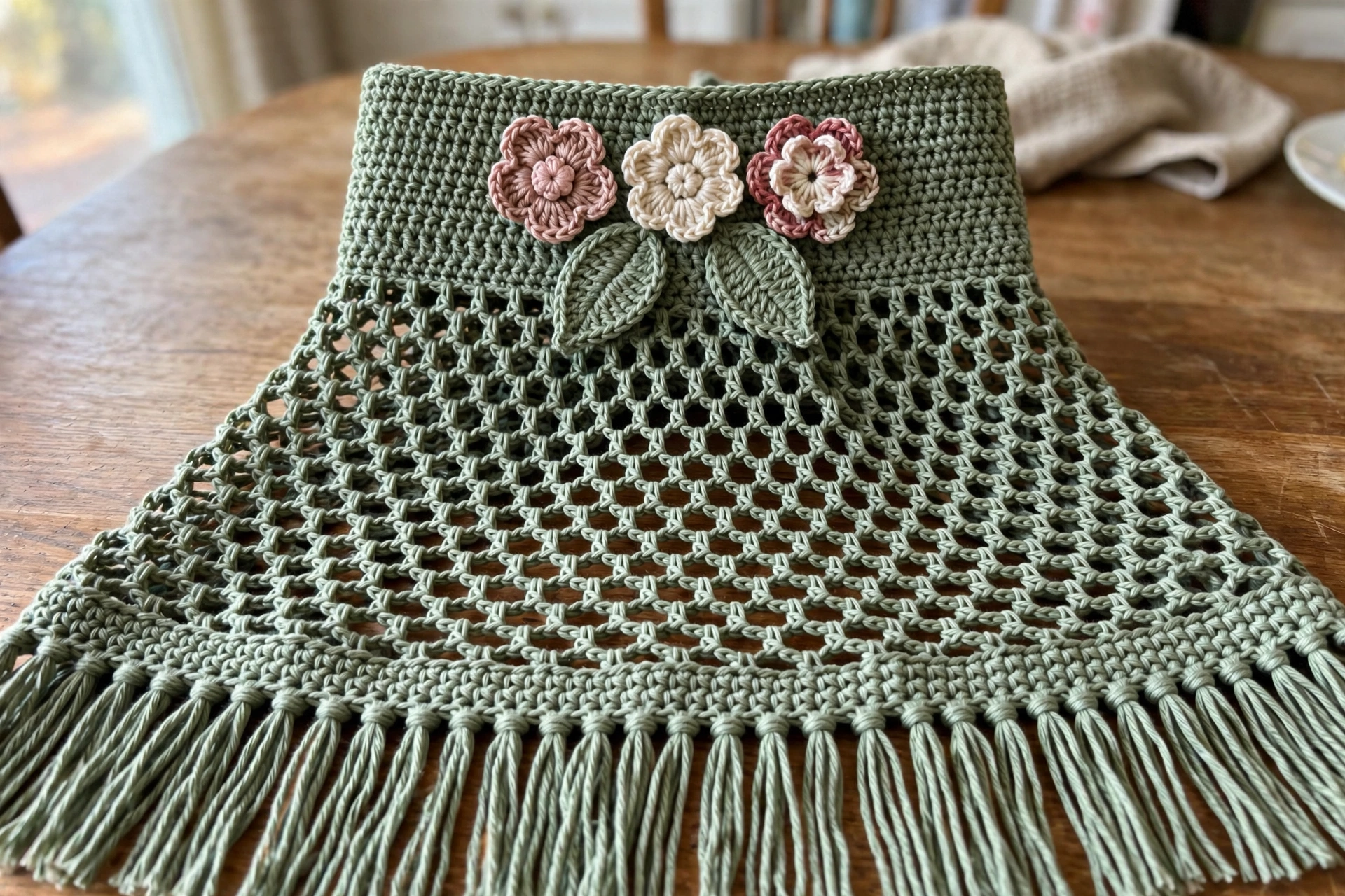 Detailansicht des Boho Halter-Tops mit Wabenmuster und Häkelblumen