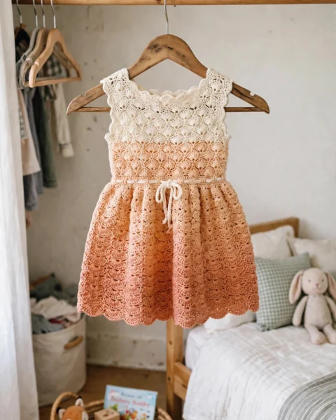 Creme-Pfirsich Ombré Babykleid häkeln – Häkelanleitung