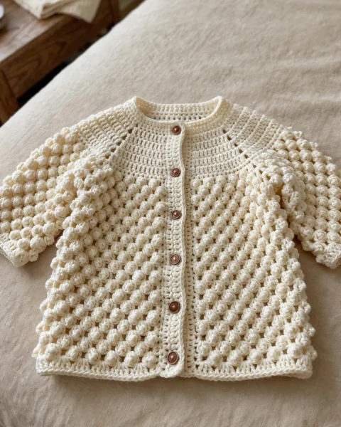 Cremefarbene Popcorn-Maschen Baby Jacke häkeln – Kostenlose Häkelanleitung