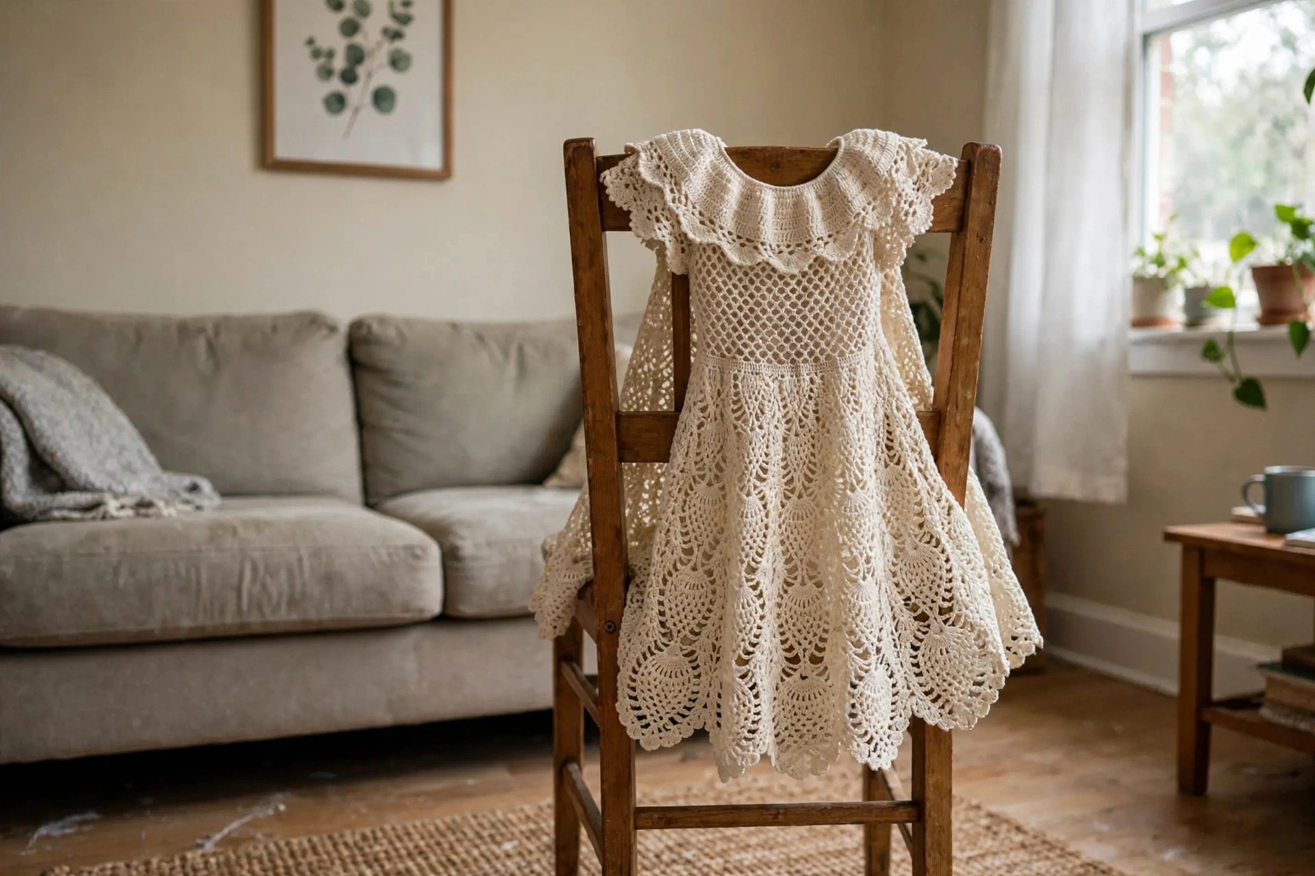 Cremefarbenes Spitzenkleid über einem Stuhl im Wohnzimmer