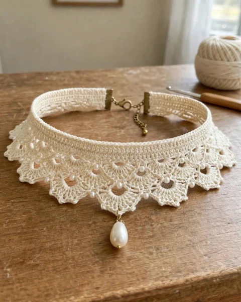 Elfenbeinfarbener Braut-Spitzen-Choker mit Perlen – Kostenlose Häkelanleitung