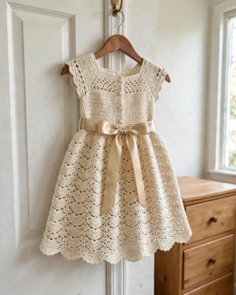 Elfenbeinfarbenes Spitzen Babykleid häkeln – Kostenlose Häkelanleitung
