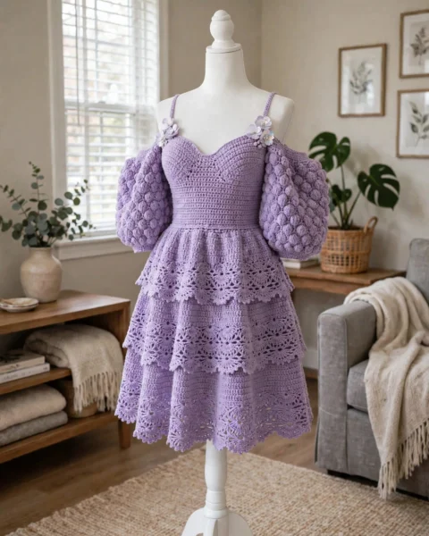 Lavendel-Feenkleid häkeln – Kleid mit Puffärmeln & Stufenrock