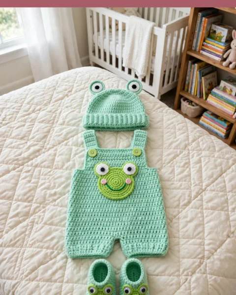 Minzgrünes Frosch Baby Romper Set häkeln – Kostenlose Anleitung