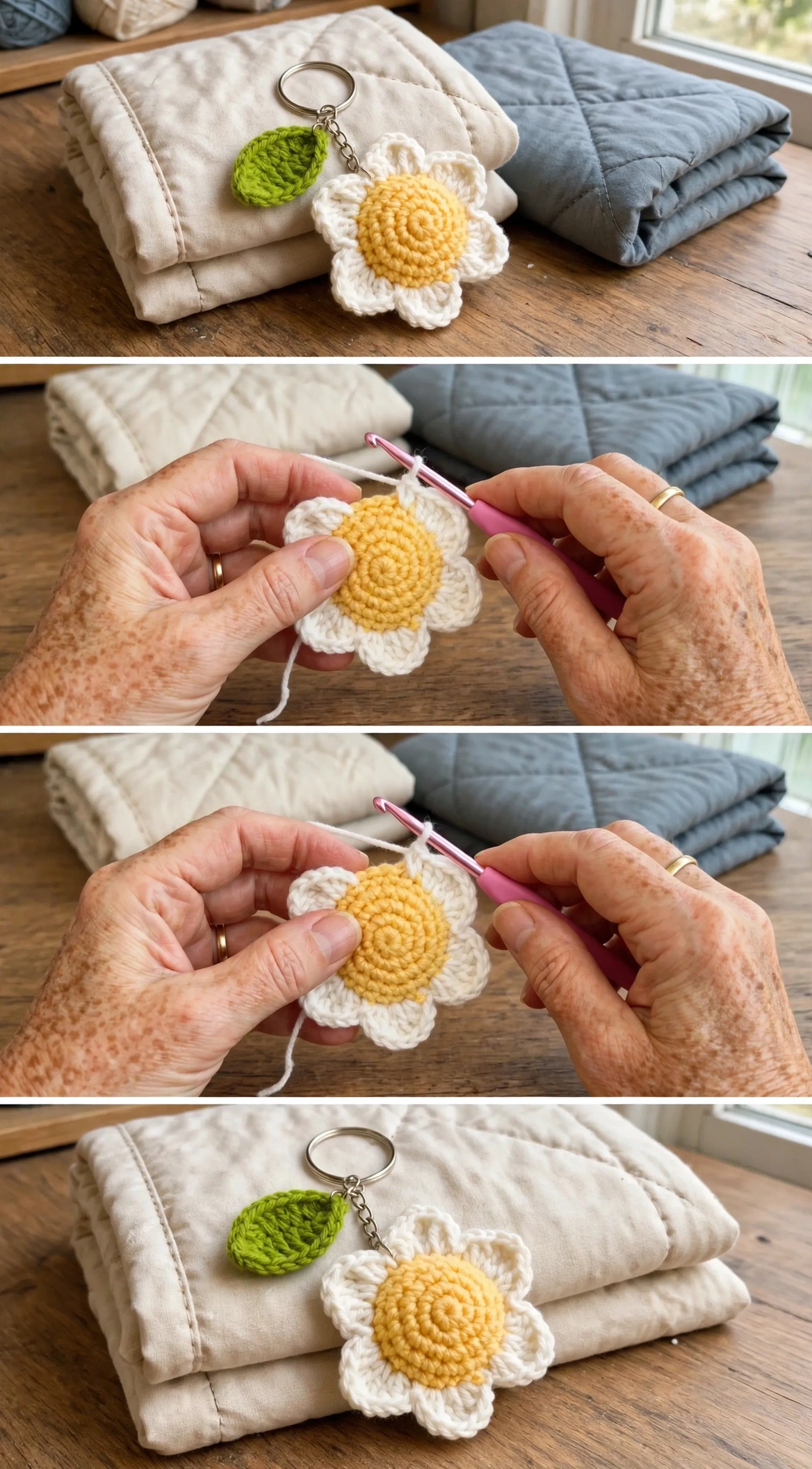 Gänseblümchen-Schlüsselanhänger in Arbeit mit Nadel