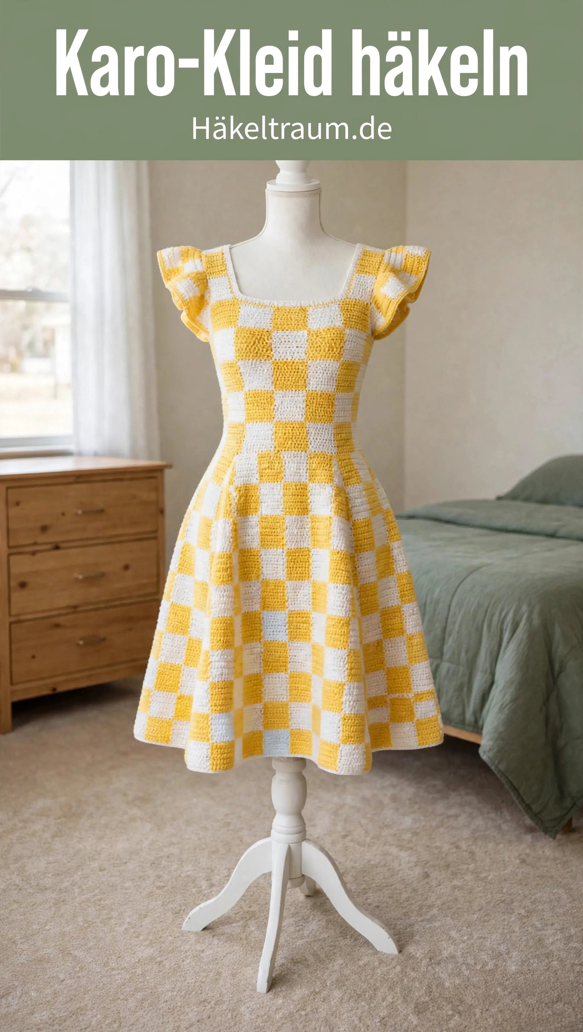 Sonnengelbes kariertes Häkelkleid
