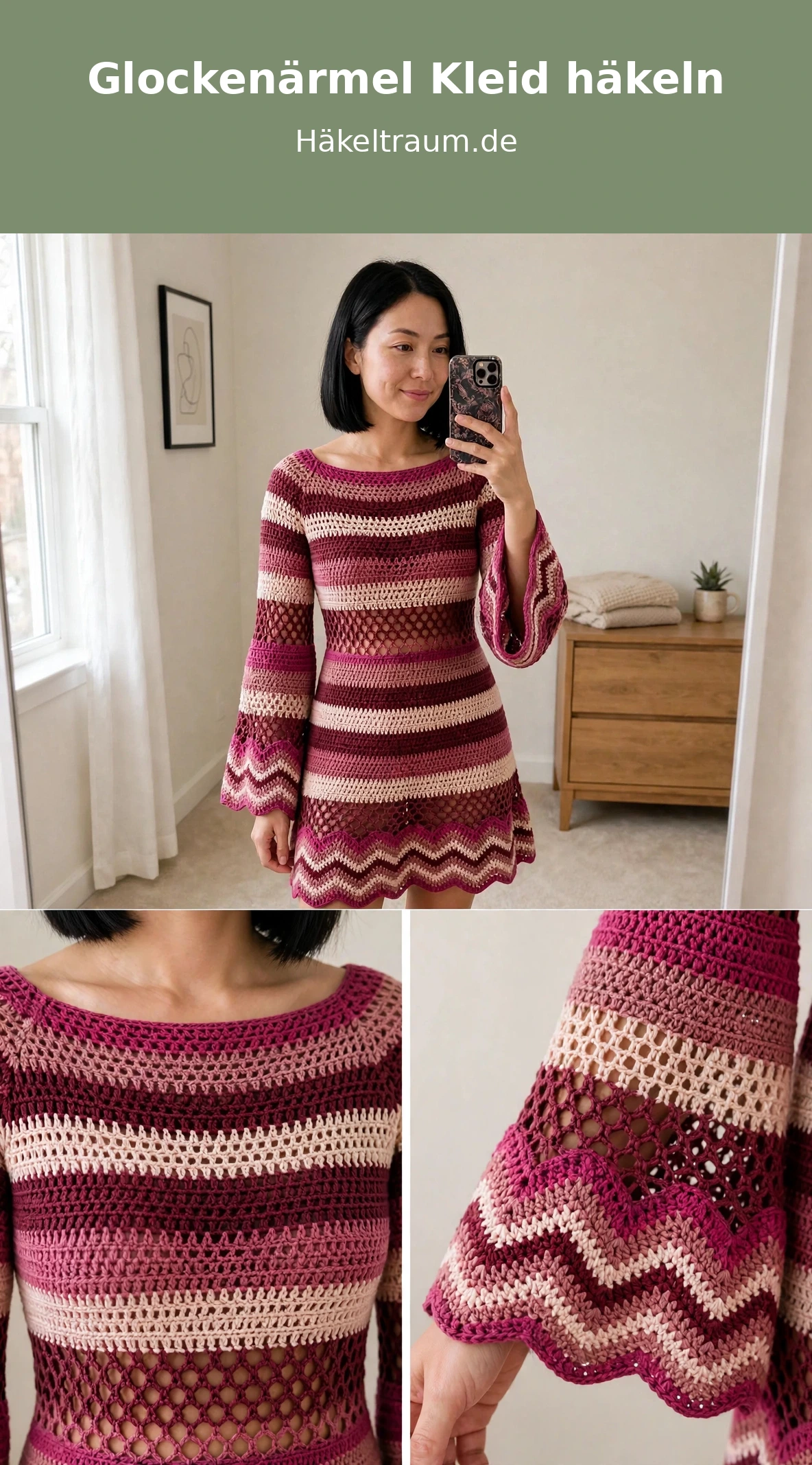 Beerenfarbenes Glockenärmel Häkelkleid