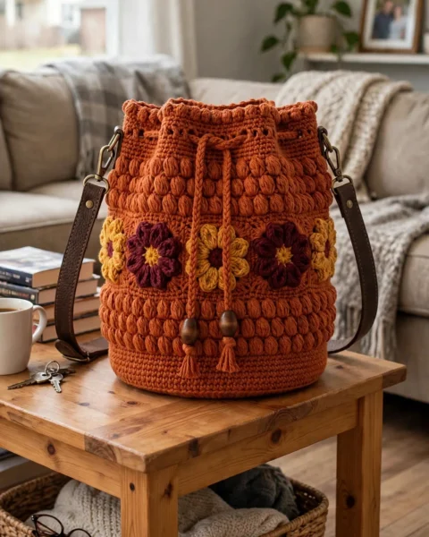 Herbstliche Blumen-Beuteltasche – Kostenlose Häkelanleitung