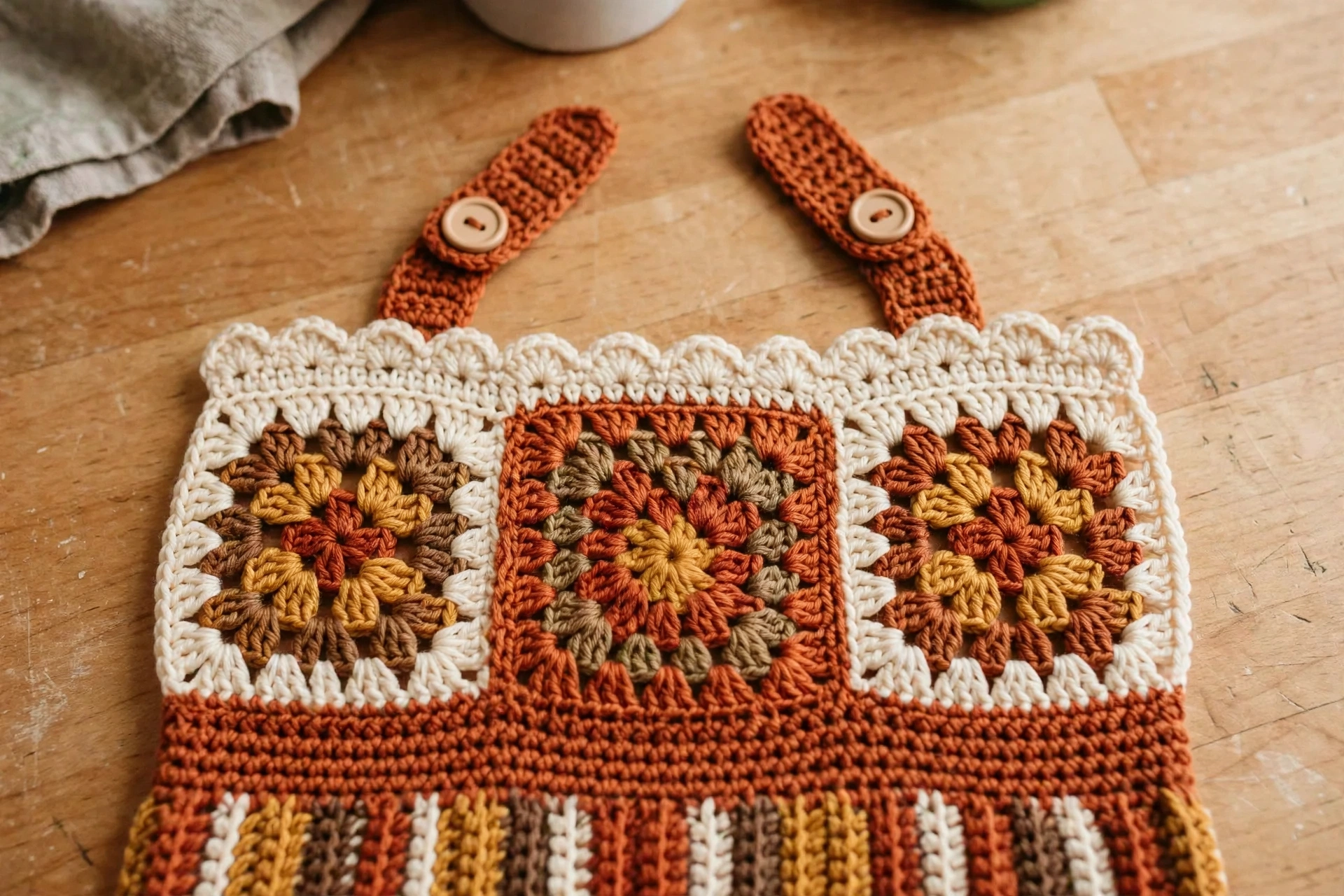 Granny-Square-Latzpanel Nahaufnahme