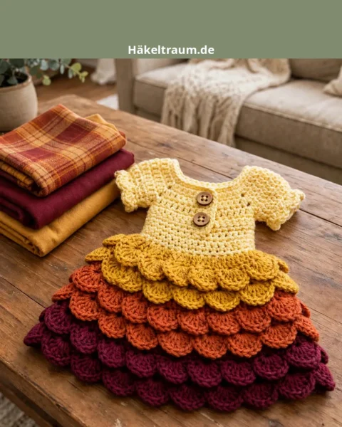 Herbst-Ernte gestuftes Puppenkleid häkeln – Häkelanleitung