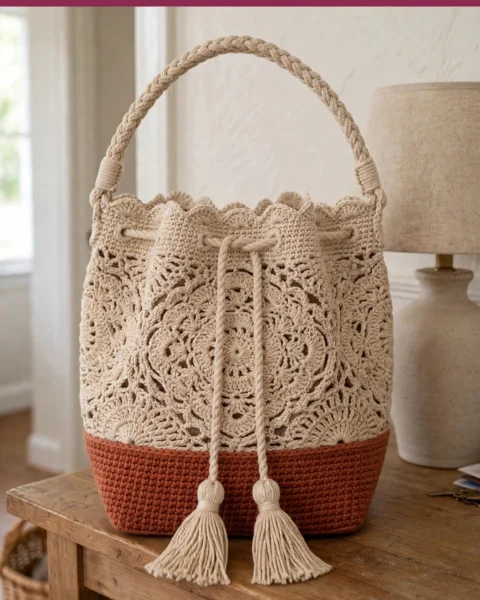 Herbst Terracotta Spitzen-Eimertasche häkeln – Anleitung