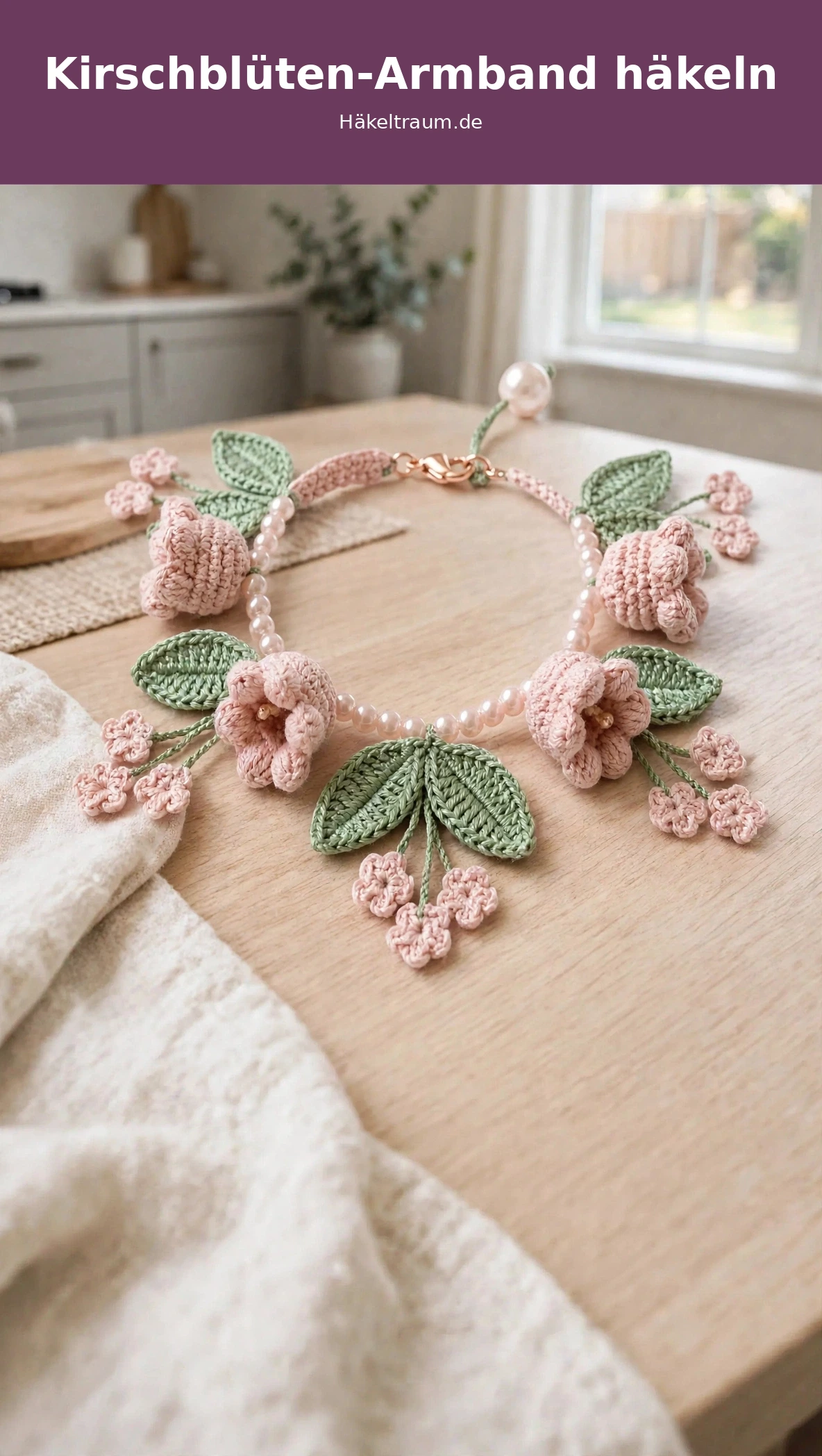 Gehäkeltes Kirschblüten-Armband mit Perlen auf einem Tisch