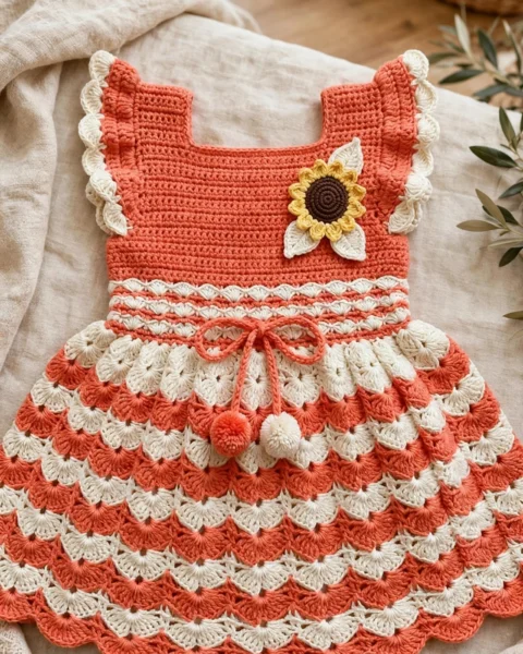 Korallen-Creme Sommer-Babykleid häkeln – Anleitung