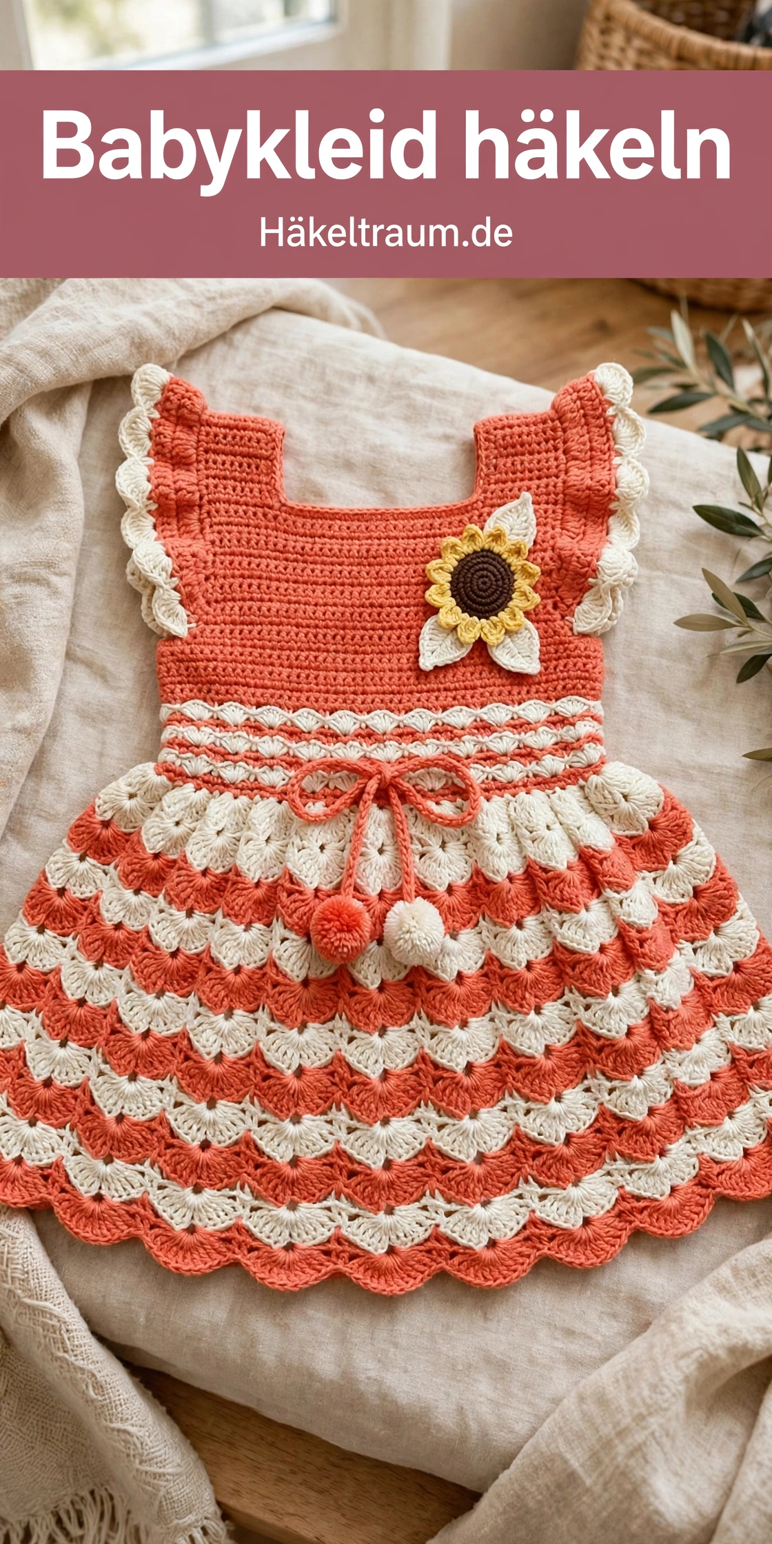 Korallen-Creme Muschelfächer-Babykleid flach gelegt