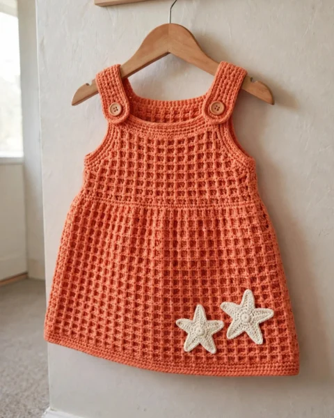 Korallenrotes Baby-Latzkleid häkeln – Kostenlose Anleitung