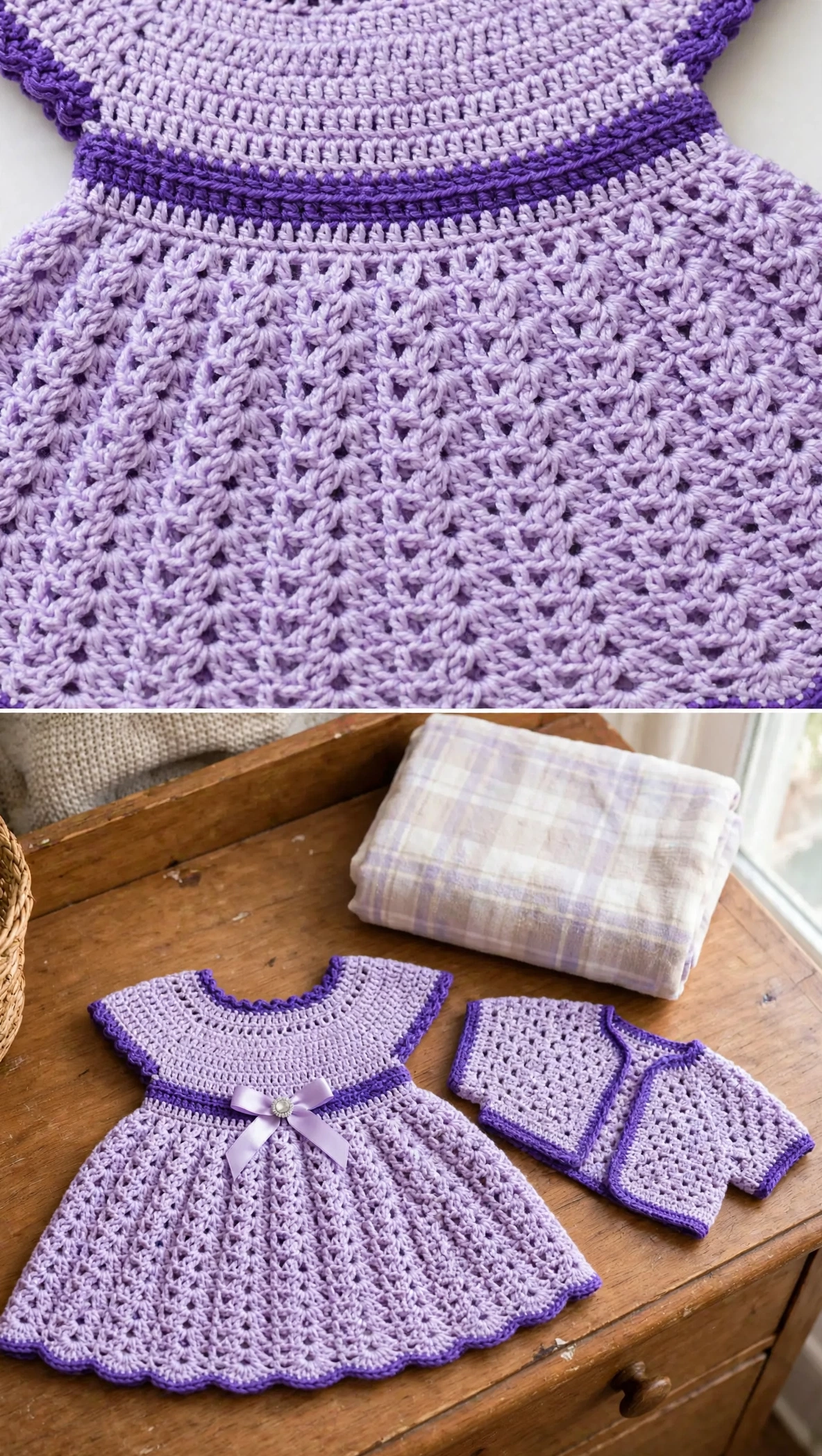 Detail der Muschel- und V-Stich-Spitze am lavendelfarbenen Babykleid