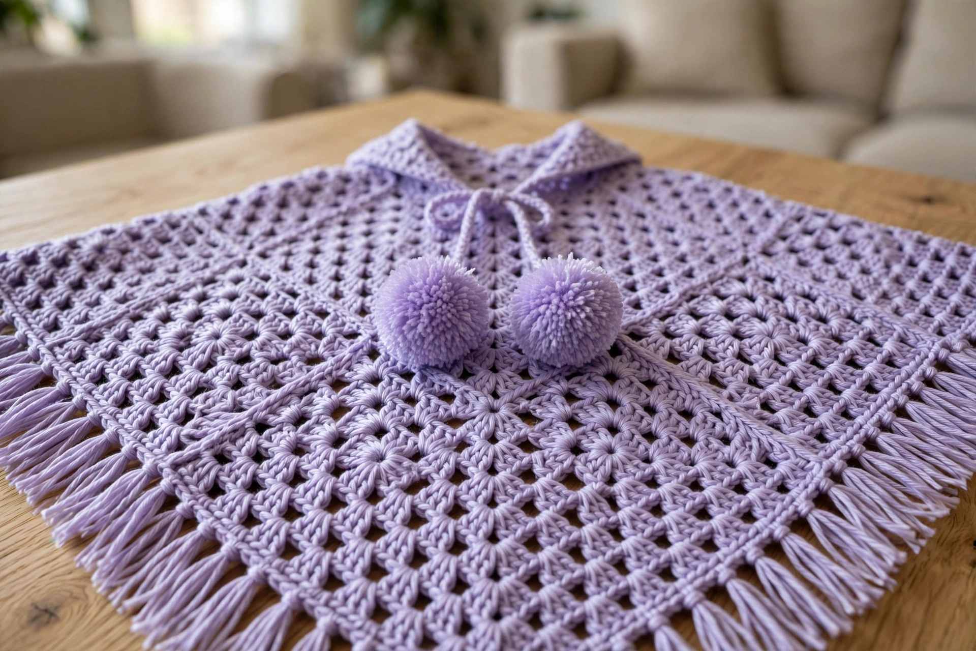 Lavendel Baby-Poncho Fransen Detail