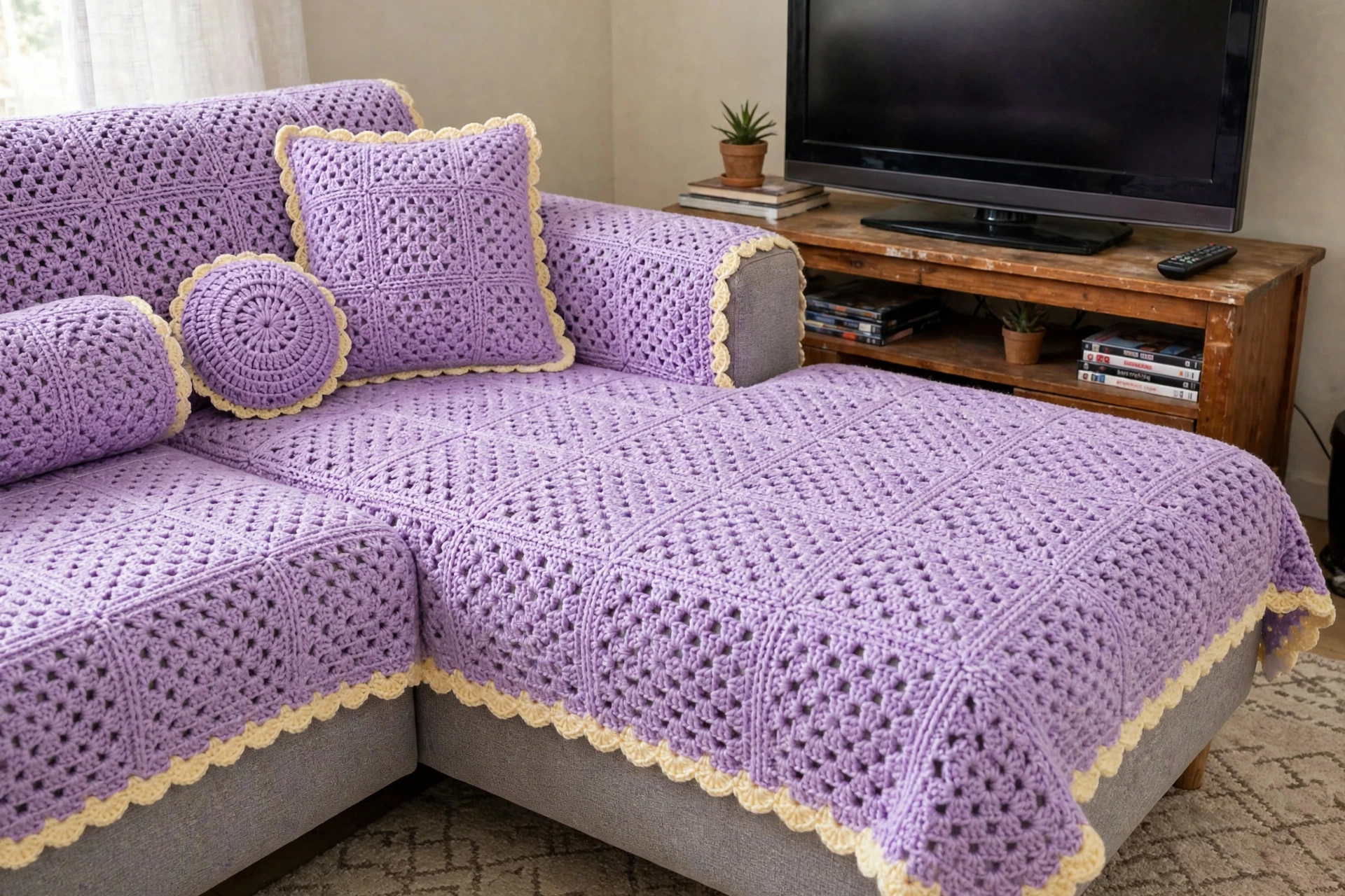 Lavendel Granny Square Sofaabdeckung Details