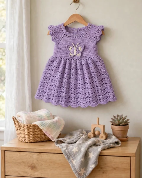 Lavendel-Rüschen-Babykleid häkeln – kostenlose Anleitung