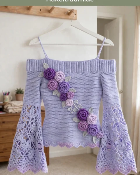 Lavendel-Traum-Top mit Glockenärmeln – Kostenlose Häkelanleitung