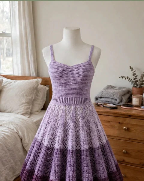 Lavendel-Traumkleid häkeln – Spitzenkleid mit Farbverlauf