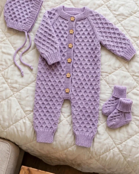 Lavendel Babyschlafanzug-Set im Wabenmuster – Kostenlose Häkelanleitung