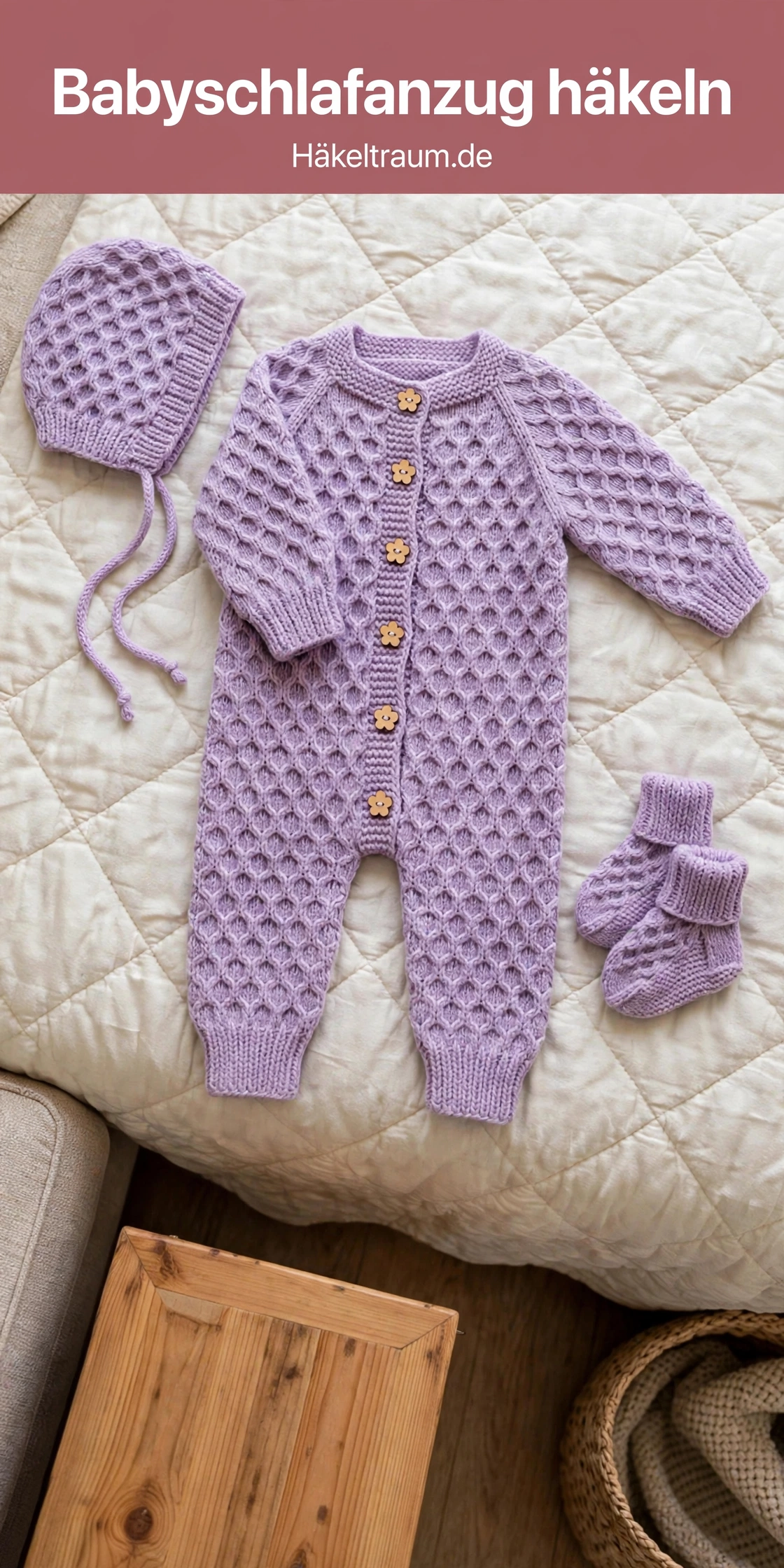 Lavendel Babyschlafanzug-Set im Wabenmuster mit Strampler, Häubchen und Schühchen