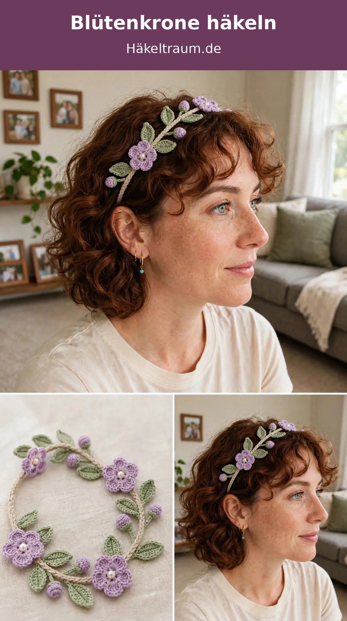 Frau trägt lavendelfarbene gehäkelte Wildblumenkrone mit Salbeiblättern und Perlen