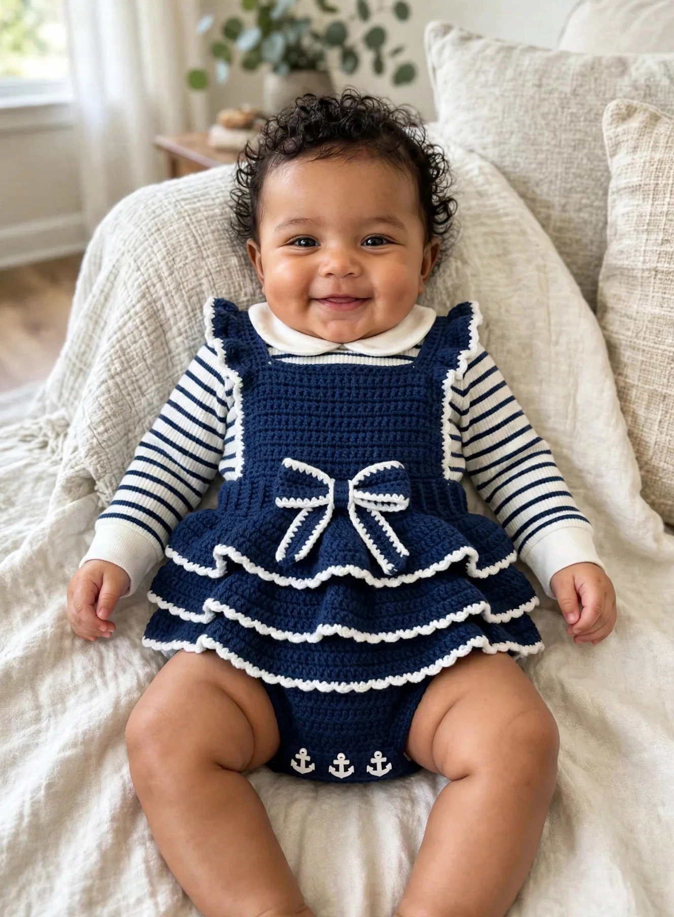 Baby trägt den navyblauen Matrosenstrampler