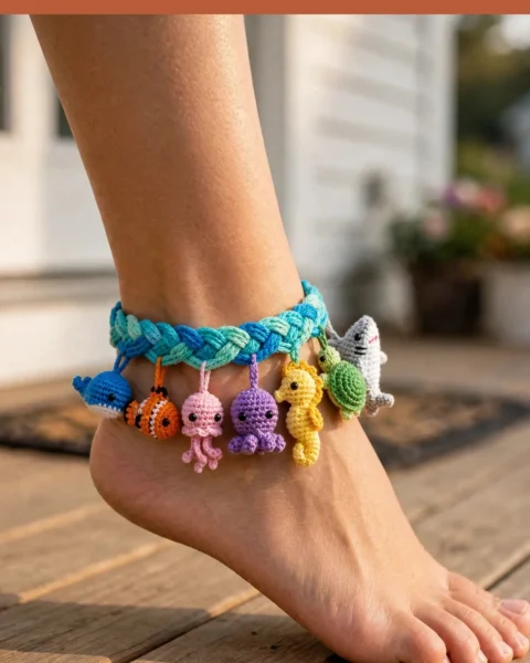 Meeresfreunde Fußkettchen häkeln – mit 7 Mini-Amigurumi-Anhängern