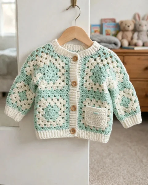 Mintgrüne Baby-Jacke aus Granny Squares häkeln – Kostenlose Häkelanleitung