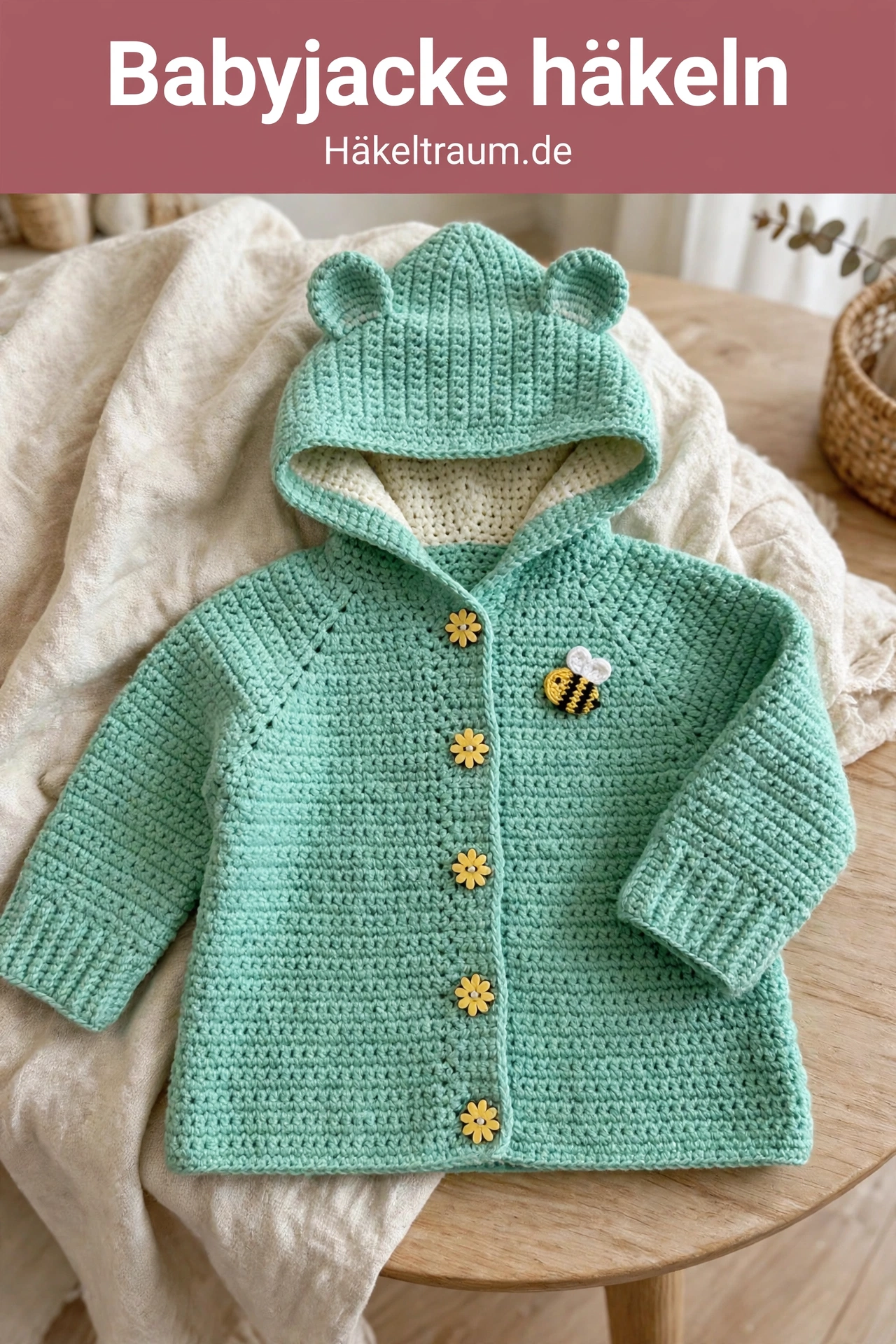 Mintgrüne Bären-Kapuzen-Babyjacke mit Ohren auf der Kapuze